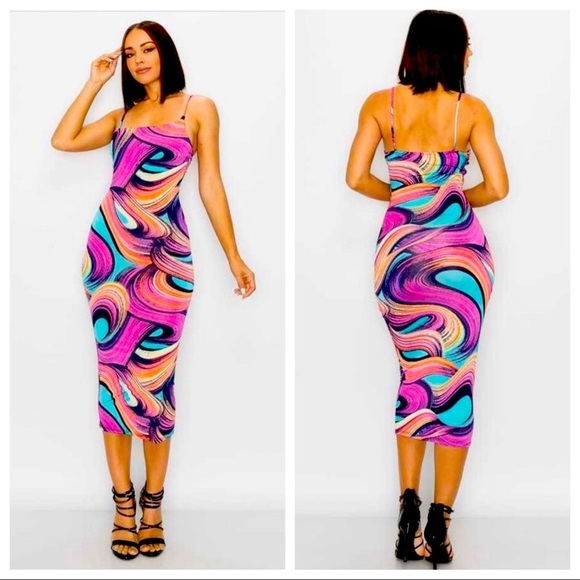 J. ELISE BOUTIQUE NEW TRENDY MAGENTA MULTI COLOR UNEVEN STRAP BODYCON MIDI DRESS - Picture 3 of 3